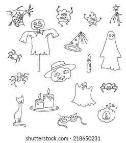 Halloween collection with bat, pumpkin, ghost, spiders and other elements for design, vector illustration