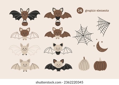 Halloween collection with bats, cobwebs, pumpkins and the moon. Happy Halloween vector illustration. Cute bats in cartoon style.