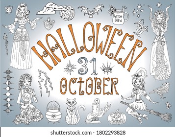 Halloween collection with beautiful witch girls wearing gipsy and fortune teller costumes. Hand drawn vector illustration for coloring page and book. Black and white drawing of scary animals objects