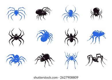 Halloween Collection of Black and Blue Spiders with Grunge Texture in Hand Drawn Style. Doodle arachnid web perfect for cards, party invitations, web