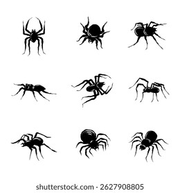 Halloween Collection of Black Spiders in Hand Drawn Style Isolated on White background. Doodle arachnid web perfect for cards, party invitations, web