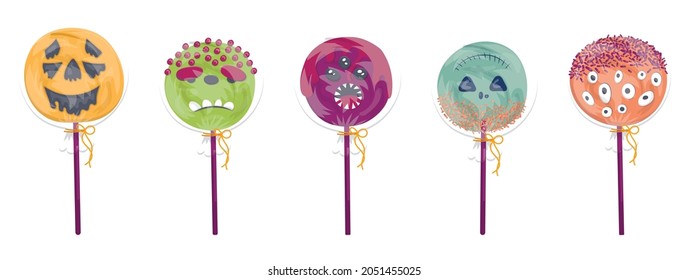 Halloween collection of candy on a stick in the form of monsters. round lollipops in a transparent package.