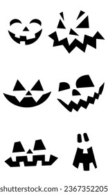 Halloween collection of carved carved faces silhouettes. Black and white images. A template with different eyes, mouths and noses for carving a pumpkin lantern. Vector illustration