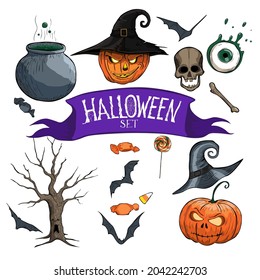 Halloween collection with character, various holiday symbols. Clip art graphic elements for creative design, printable decor.