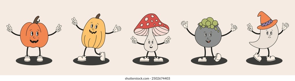 Halloween collection of characters. Trendy retro groovy style. Groovy Halloween pumpkin, spooky ghost, witch pot, fly agaric. Hippy funky mascot personage for card, invitation, banner, poster.