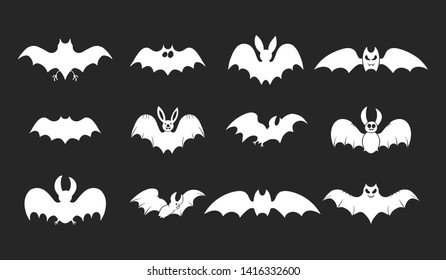 Halloween collection of cute bat silhouettes icons. October party scary clipart for party decoration.