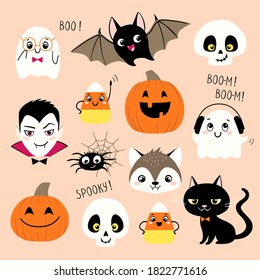 Halloween collection of cute cartoon characters such us vampire, skull, pumpkin, ghost, bat, werewolf, candy corn, spider and black cat.