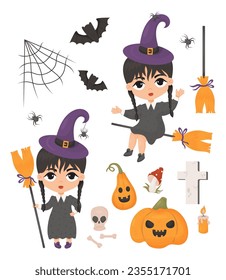 Halloween collection. Cute cartoon gothic girls with braids in witch hat with broom, Jack pumpkin, bats, spider web, skull and grave cross. Vector illustration. Isolated scary elements Kids collection