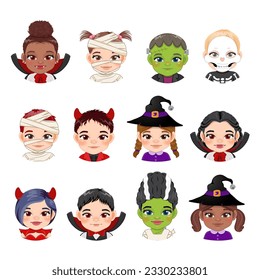 Halloween collection with cute children faces and halloween wear, Mummy, Vampire, Witch, Devil, Frankenstein and wife, Skeleton Ghost vector