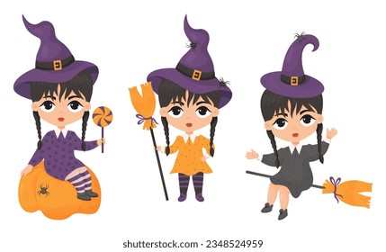 Halloween. Collection cute gothic witches with braids in witch hat with spider and broom, with pumpkin and lollipop candy. Vector illustration. Isolated characters in cartoon style. kids collection