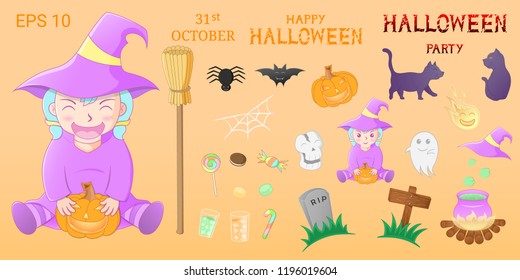 Halloween collection. Cute set elements, cartoon, icon, alphabet and objects. little girl in witch costume.