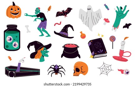 Halloween collection. Cute spooky cartoon elements flat style, scary funny characters for october party poster holiday stickers. Vector isolated set. Magic book, walking zombie and spider