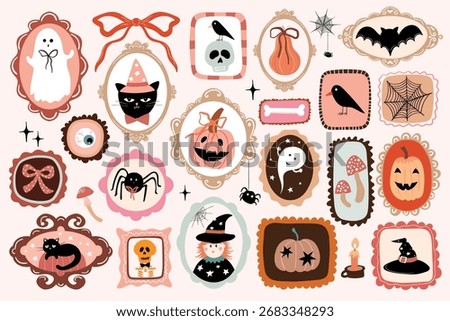 Halloween collection with cute vintage  elements in frames, coquette decorative set