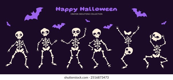 Halloween collection cute yet spooky skeletons, skulls, bats. Dancing skeletons with flying bats. Perfect for party banners, decorations and October celebrations. Not AI.