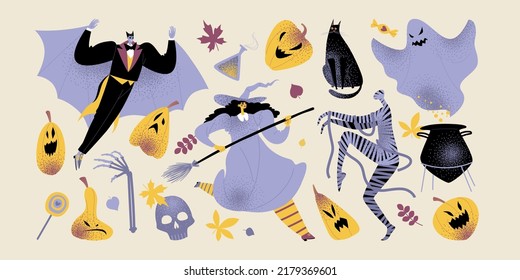 Halloween collection with funny characters and attributes. Witch, vampire, mummy and other creepy monsters in cartoon style