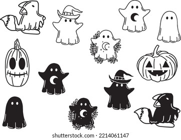 Halloween collection with ghosts, pumpkins and fox. Vector art set