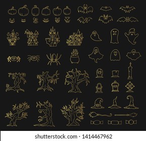 Halloween collection of gold line icons with jack o lantern pumpkins, ghosts, cemetery and graves, bats, spiders, scary forest trees, Gothic castles houses. October golden clipart.