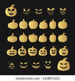 Halloween collection of golden jack o lantern pumpkin silhouettes, icons with spooky smiling faces. October party scary cartoon gold clipart and templates.