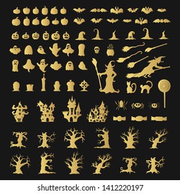 Halloween collection of golden silhouette icons including pumpkins, ghosts, cemetery and graves, bats, spiders, scary forest trees, Gothic castles houses, cats and witches. Gold October clipart.