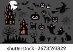 Halloween Collection graphic elements - pumpkins, ghosts, cat, and others. Hand drawn set. Vector illustration.
