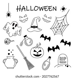 Halloween. A collection of hand drawn halloween elements. Vector set of illustration in cartoon doodle style.
