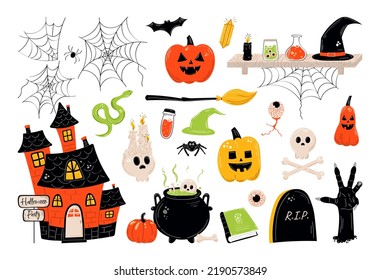 Halloween collection with hand drawn elements, witch, ghosts and more, vector illustration.
