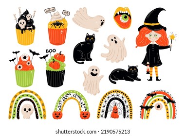 Halloween collection with hand drawn elements, witch, ghosts, cupcake and more, vector illustration.
