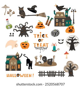 Colección de Halloween de truco o trato escrito a mano, casas embrujadas, árboles de miedo, búho, cuervo, calabazas, lápida, vela, taburetes, poción, sombrero, cat.Vector diseño aislado en blanco. Ilustración en color plano.