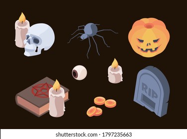 Colección de Halloween. Símbolos de miedo de horror huesos de cráneo cementerio tumbas fantasmas vectores elementos de conjunto isométrico para la celebración del otoño