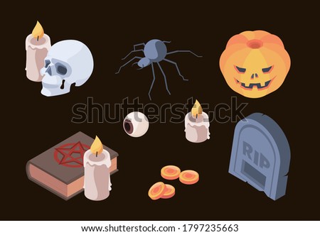 Halloween collection. Horror scary symbols skull bones cemetery tomb ghosts vector isometric set items for autumn celebration