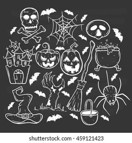 Halloween collection icons with pumpkin, cauldron spider, witch hat, castle and bat using doodle art on chalkboard background