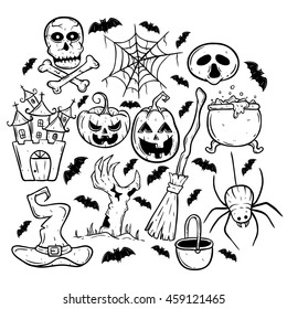 Halloween collection icons with pumpkin, cauldron, spider, witch hat, castle and bat using doodle art