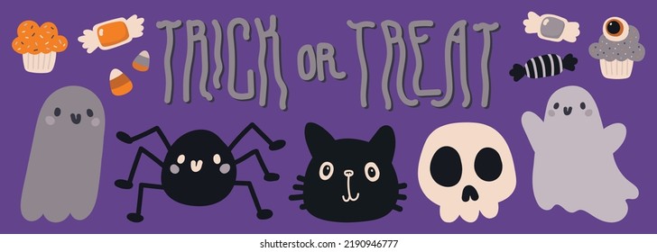 Halloween Collection of Isolated Elements on a Violet Background: ghosts, spider, black cat, skull, hand writed trick or treat, candies, cupcakes, eyeball shaped candy, jelly candy. Huge Halloween Set