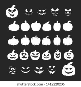 Halloween collection of jack o lantern pumpkin silhouettes, spooky smiling faces, evil squash. October party scary cartoon clipart.