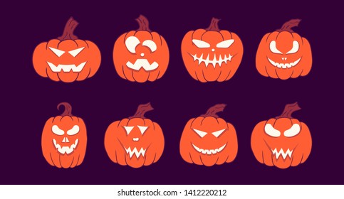 Halloween collection of jack o lantern pumpkin silhouette icons with spooky smiling faces. October party scary cartoon clipart.