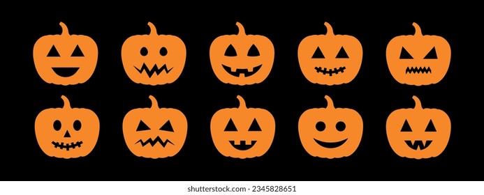 Halloween collection of jack o lantern, orange pumpkin silhouette icons with carved spooky, smiling faces, October party scary cartoon clipart, set of vector design elements