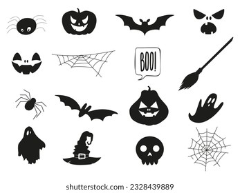 Halloween collection - Jack o'lantern, ghosts, spiders, broomstick, bats, witch hat, spiderweb black silhouettes. Vector illustration isolated on white background  