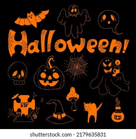 Halloween collection. Jack pumpkin, ghost, bat and web, grave, skull, potion, cat and magic fly agaric. Vector linear hand drawn doodle. Isolated elements for decor, design and decoration.