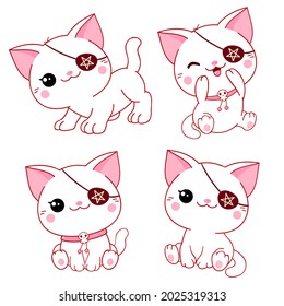 Halloween collection of kawaii cats with eye patches. Set of cute white demonic kittens. Vector illustration EPS8 