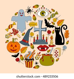 Halloween collection made as a circle with bat, black cat, pumpkin,vampire lips,sweets,ghost, candles, leafs of fall. hand drawn doodles for holiday decoration