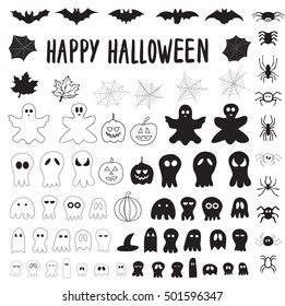 Halloween collection of outlines and silhouettes ghosts, pumpkins, cobwebs, spiders, bats. Isolated on white background.