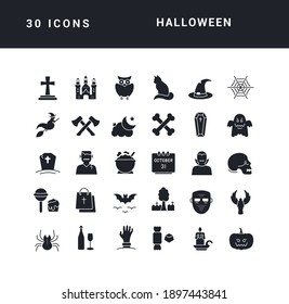 Halloween. Collection of perfectly simple monochrome icons for web design, app, and the most modern projects. Universal pack of classical signs for category Holidays.