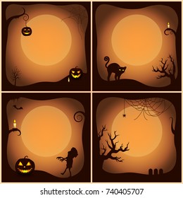 Halloween collection of posters with full moon and icons of tree with candle, zombie and pumpkin, cat and house, spider and cobweb vector illustration
