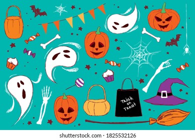 Halloween collection of pumpkins, broomstick, witch hat, candies and others, hand-drawn.