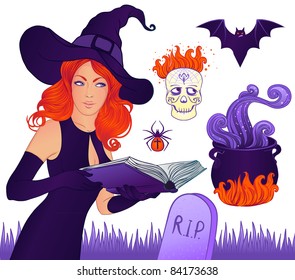 Halloween collection with red-haired witch