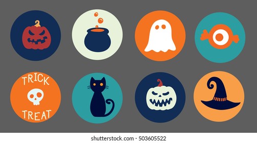 Halloween collection of round stickers.Vector  traditional cartoon icons. Clip art for design