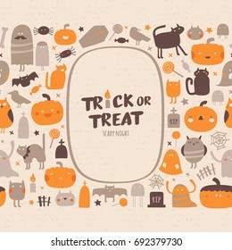 Halloween collection. Halloween seamless pattern with frame and place for your text. Vector background. trick or treat lettering. Ornament for greeting card or takeaway cup.