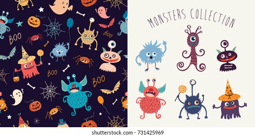 Halloween collection with seamless pattern and funny monsters