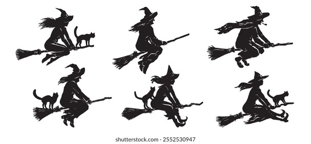 Halloween collection set of 6 different isolated black silhouettes of witches with cats flying on a broomstick