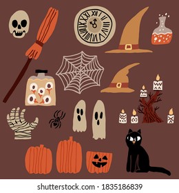 Halloween collection set. Black cat, evil pumpkin, candlestick, candles, mummy hand, skull, clock, witch hat, jar with eyeballs, spider web. Spooky vector decorations. Fun hand drawn illustration